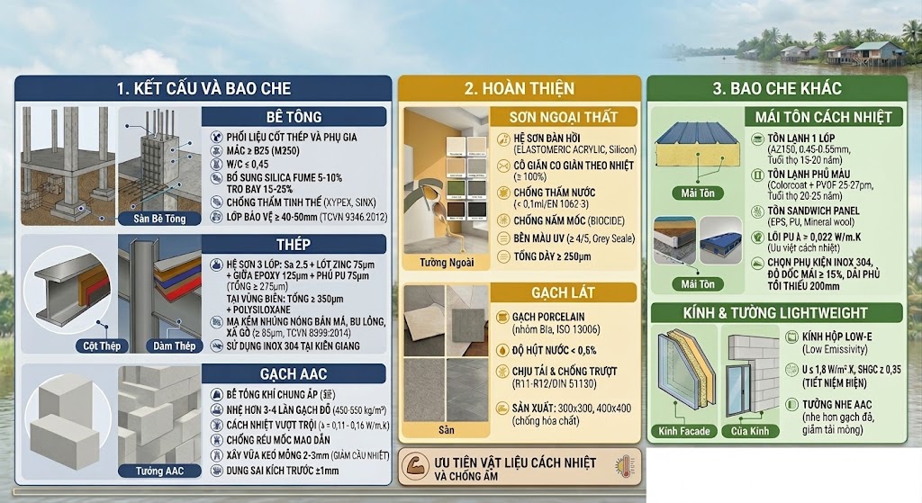Vật liệu xây dựng phù hợp khí hậu miền Tây 2026 nhiệt đới ẩm – So sánh và khuyến nghị 1 ảnh minh họa so sánh vật liệu