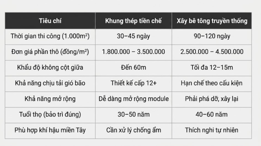 Biện Pháp Thi Công Khung Thép Tiền Chế Nhà Xưởng 2026 - Ưu Nhược Điểm Thực Tế 4 Bảng so sánh giữa khung thép tiền chế & xây bê tông truyền thống - 1
