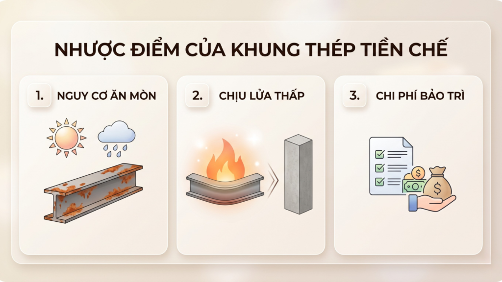 Biện Pháp Thi Công Khung Thép Tiền Chế Nhà Xưởng 2026 - Ưu Nhược Điểm Thực Tế 2 Hình ảnh minh họa nhược điểm nổi bật khi thi công khung thép tiền chế nhà xưởng - 5