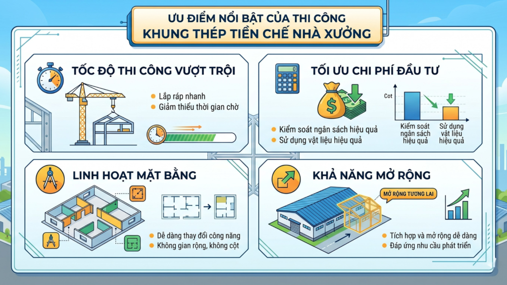 Biện Pháp Thi Công Khung Thép Tiền Chế Nhà Xưởng 2026 - Ưu Nhược Điểm Thực Tế 1 Hình ảnh minh họa ưu điểm nổi bật khi thi công khung thép tiền chế nhà xưởng - 1