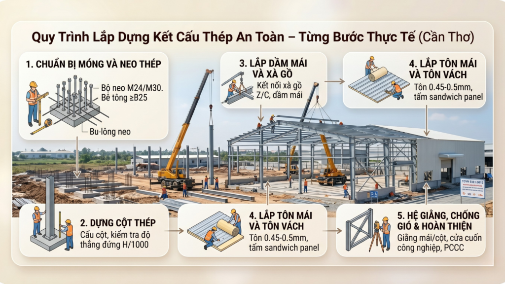 Biện Pháp Thi Công Khung Thép Tiền Chế Nhà Xưởng 2026 - Ưu Nhược Điểm Thực Tế 3 Hình ảnh minh họa quy trình lắp dựng kết cấu thép an toàn - 8