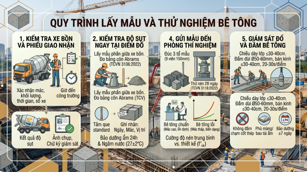 Quy Trình Kiểm Soát Chất Lượng Bê Tông Công Trường 2026 – Dũng Phát Làm Như Thế Nào? 4 ảnh minh họa - quy trình lấy mẫu & thử nghiệm