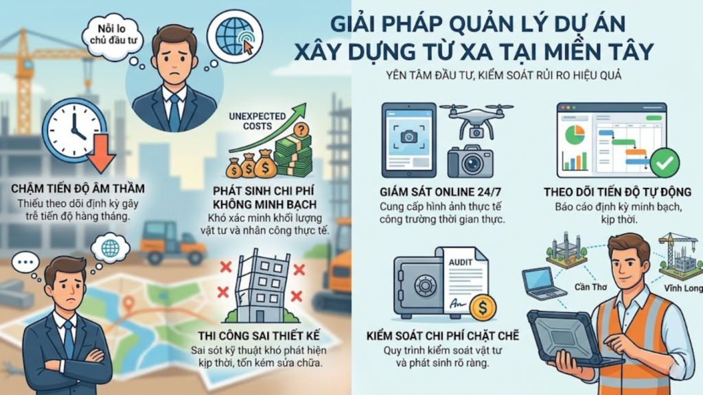 Quản lý dự án xây dựng từ xa tại Miền Tây 2026 – Giải pháp cho chủ đầu tư ở TP.HCM 1 Hình ảnh minh họa nỗi lo của chủ đầu tư & giải pháp quản lý dự án xây dựng - 3