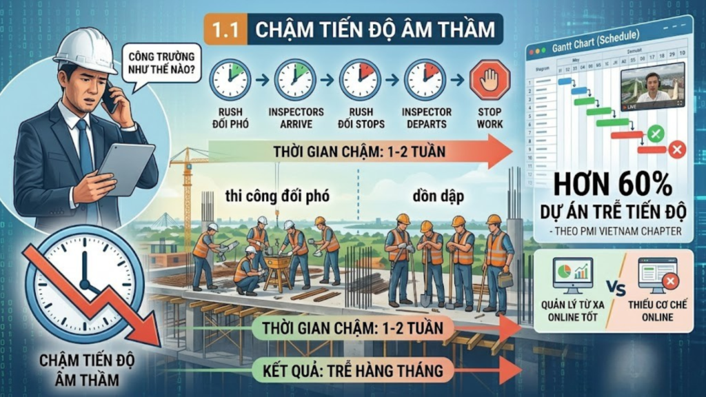 Quản lý dự án xây dựng từ xa tại Miền Tây 2026 – Giải pháp cho chủ đầu tư ở TP.HCM 2 Hình ảnh minh họa - Chậm tiến độ công trình - 0