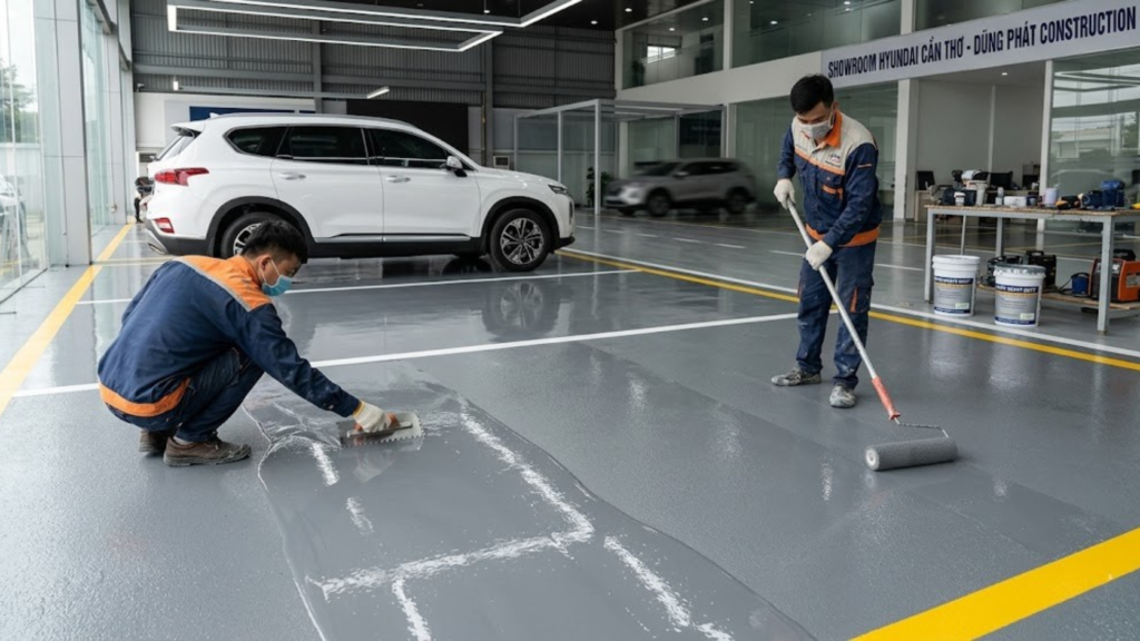 Chi phí xây dựng showroom ô tô Miền Tây – Phân tích từ dự án thực tế 2025 2 5 - Hình ảnh minh họa - Sàn epoxy chịu tải trọng xe