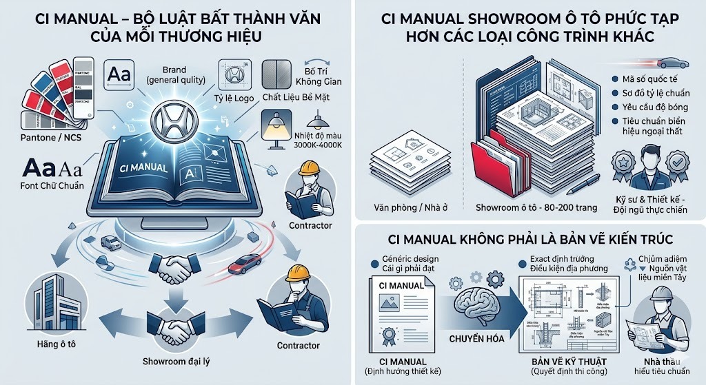 Phân Tích: Vì Sao Dự Án Cần Nhà Thầu Hiểu Tiêu Chuẩn Thương Hiệu Showroom Ô Tô 2026? 1 Hình ảnh minh họa - Vai trò CI Manual - 9