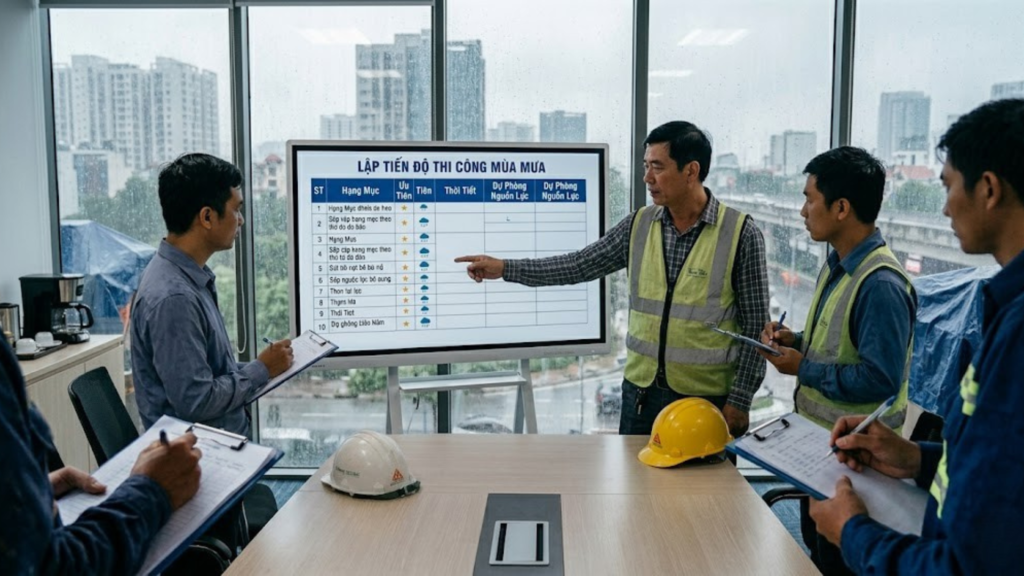 Thi Công Xây Dựng Mùa Mưa Miền Tây – Biện Pháp Và Kinh Nghiệm Thực Tiễn 2026 3 Hình minh họa - Lập tiến độ có tính đến yếu tố thời tiết - 6