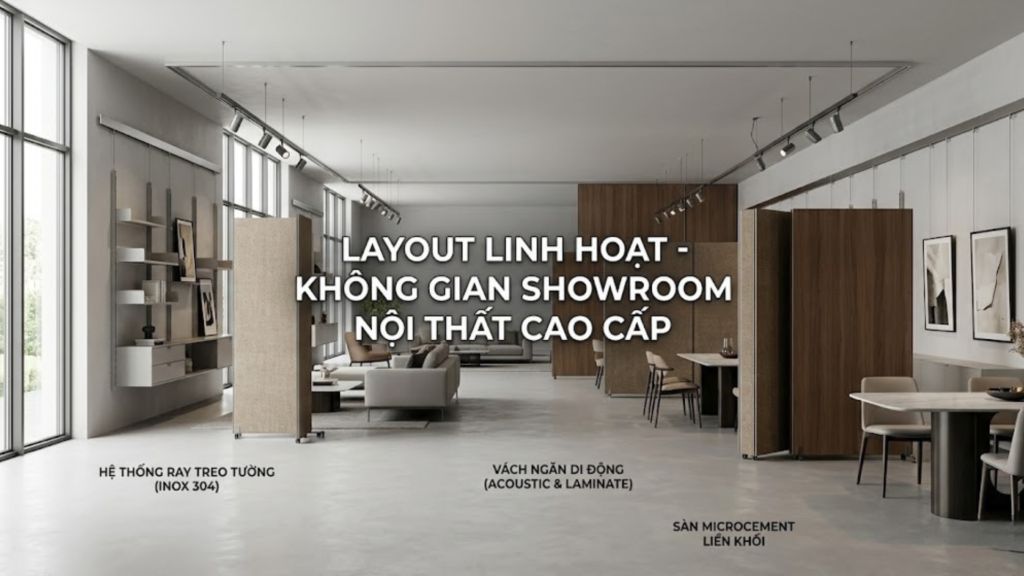 Case Study Showroom Nội Thất Cao Cấp Cần Thơ 2026 – Thi Công Không Gian Trưng Bày Đúng Tinh Thần Thiết Kế 3 Hình ảnh minh họa - Layout linh hoạt - 8