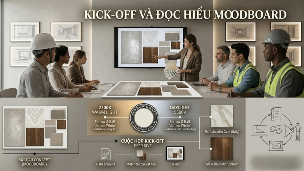 Case Study Showroom Nội Thất Cao Cấp Cần Thơ 2026 – Thi Công Không Gian Trưng Bày Đúng Tinh Thần Thiết Kế 5 Hình ảnh minh họa - Kick-off và đọc hiểu moodboard - 8