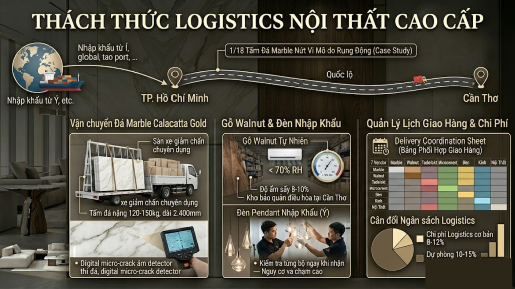 Case Study Showroom Nội Thất Cao Cấp Cần Thơ 2026 – Thi Công Không Gian Trưng Bày Đúng Tinh Thần Thiết Kế 7 Hình ảnh minh họa - Thách thức logistics nội thất cao cấp - 9