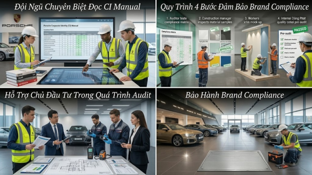 Phân Tích: Vì Sao Dự Án Cần Nhà Thầu Hiểu Tiêu Chuẩn Thương Hiệu Showroom Ô Tô 2026? 4 Hình ảnh minh họa - Cam kết Brand Compliance của Dũng Phát - 2