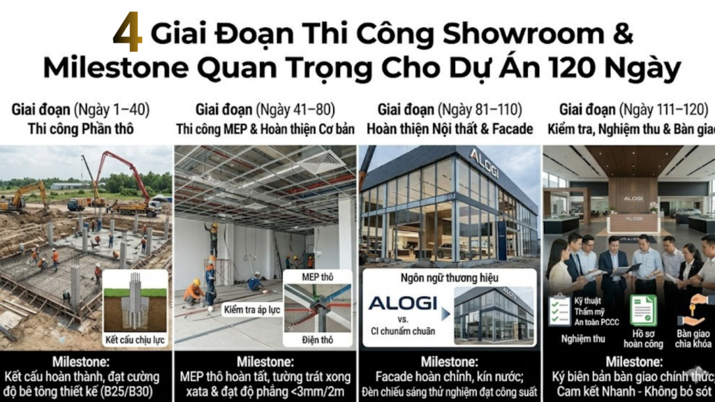 Tiến Độ Thi Công Showroom 120 Ngày – Từ Bản Vẽ Thiết Kế Đến Bàn Giao 2 Hình ảnh minh họa - 4 giai đoạn thi công - 8