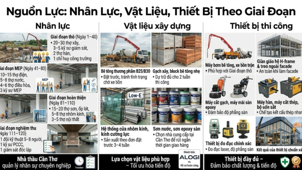 Tiến Độ Thi Công Showroom 120 Ngày – Từ Bản Vẽ Thiết Kế Đến Bàn Giao 3 Hình ảnh minh họa - Nguồn lực, vật liệu, thiết bị theo giai đoạn - 4