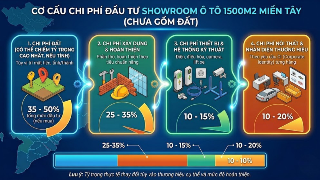 Phân Tích Chi Phí Đầu Tư Showroom Ô Tô 1500m2 Miền Tây: Tổng Ngân Sách Thực Tế 1 Hình ảnh minh họa - Cơ cấu chi phí đầu tư showroom - 6