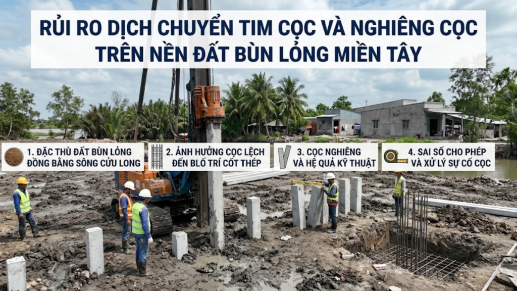 Cách giám sát cốt thép móng trên nền đất sụt lún vùng sông nước 2026 1 6 - Hình ảnh minh họa - Rủi ro dịch chuyển tim cọc và nghiêng cọc