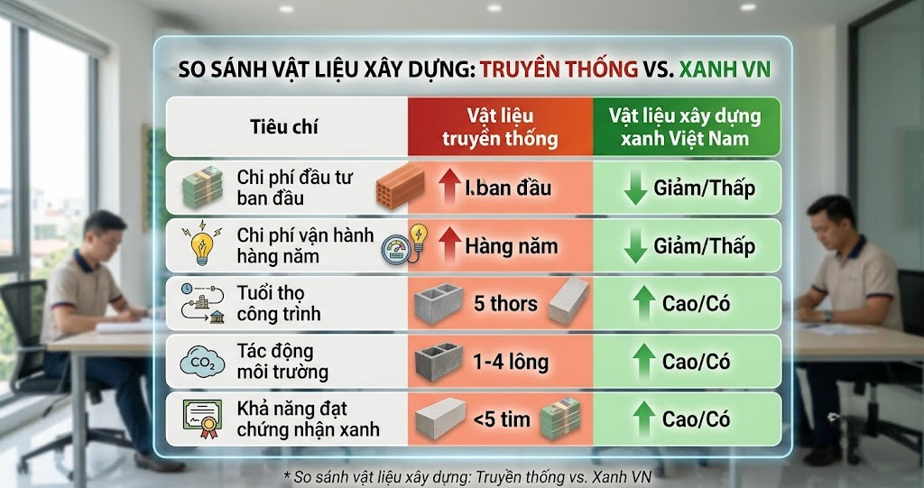 Vật liệu xây dựng xanh Việt Nam 2026 – Tiêu chuẩn và xu hướng ứng dụng 4 Hình ảnh minh họa - So sánh vật liệu xây dựng - 9