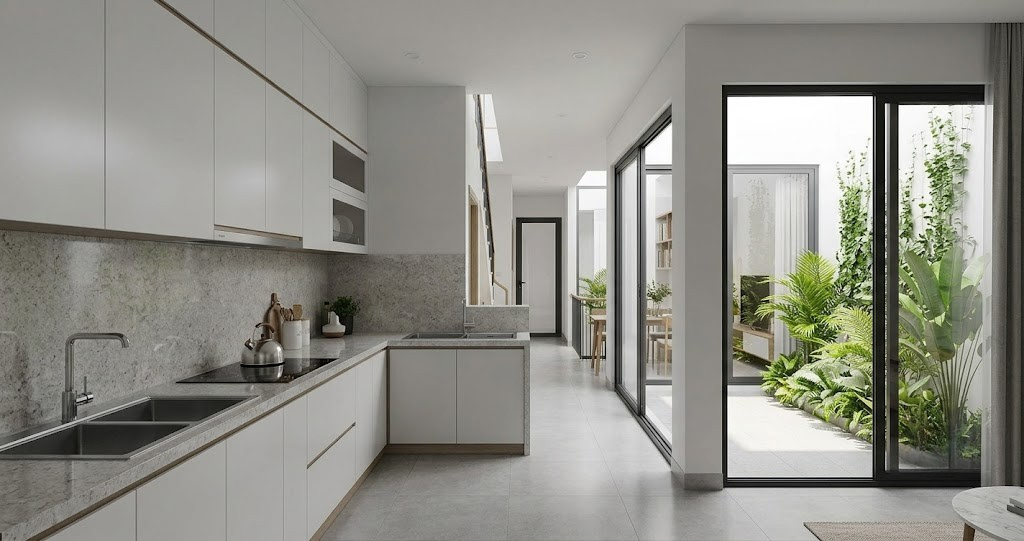 Phân tích công trình: Nhà ống 3 tầng mặt tiền 4m tại Bình Thủy – Tối ưu ánh sáng tự nhiên 2 Hình ảnh minh họa - Tầng Trệt - 9